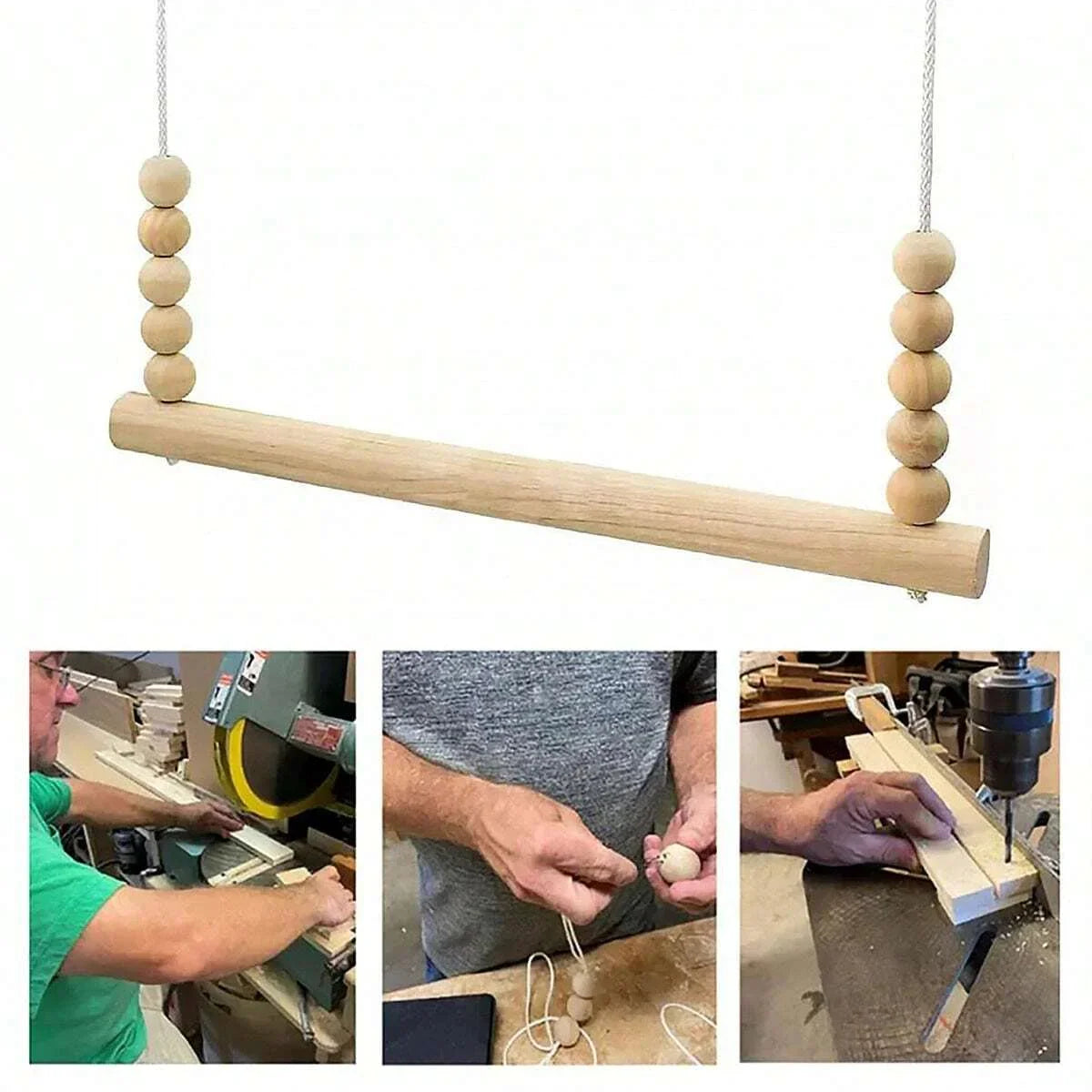 Backyard Barnyard Chicken Swing Handmade in USA!!! ! Toy for Coop (Round Bar) Natural Safe Large Wood Perch Ladder for Poultry Run Rooster Hens Chicks Pet Parrots Pollo Stress Relief for Birds